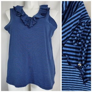 Chaps Stripe Tank TOP Navy & Blue Womens Size 2X Ruffle V Neck 100% Cotton